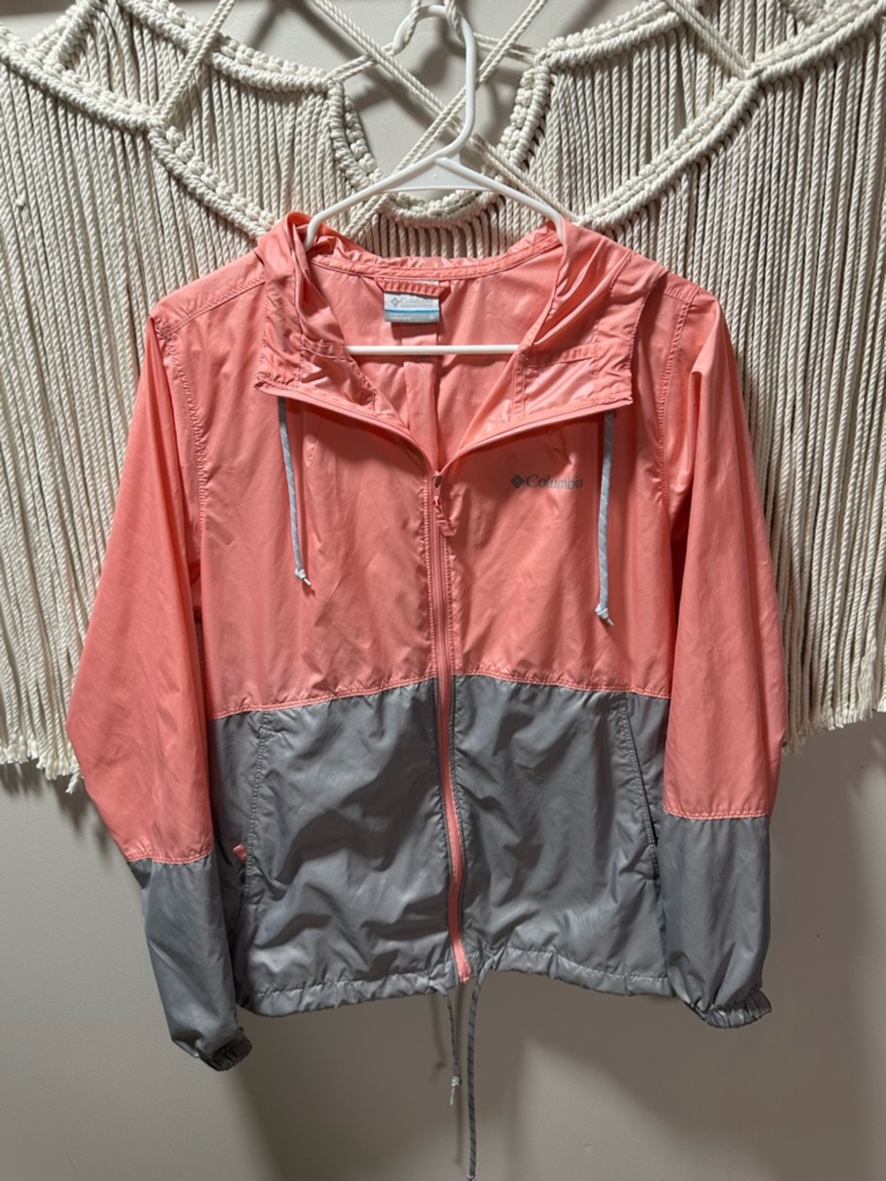 Columbia Coral Pink and Light Gray Hooded Colorblock Windbreaker Jacket